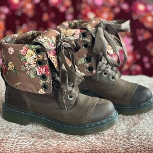Dr. Martens Brown Leather Floral Foldover Triumph Lace Up Boots